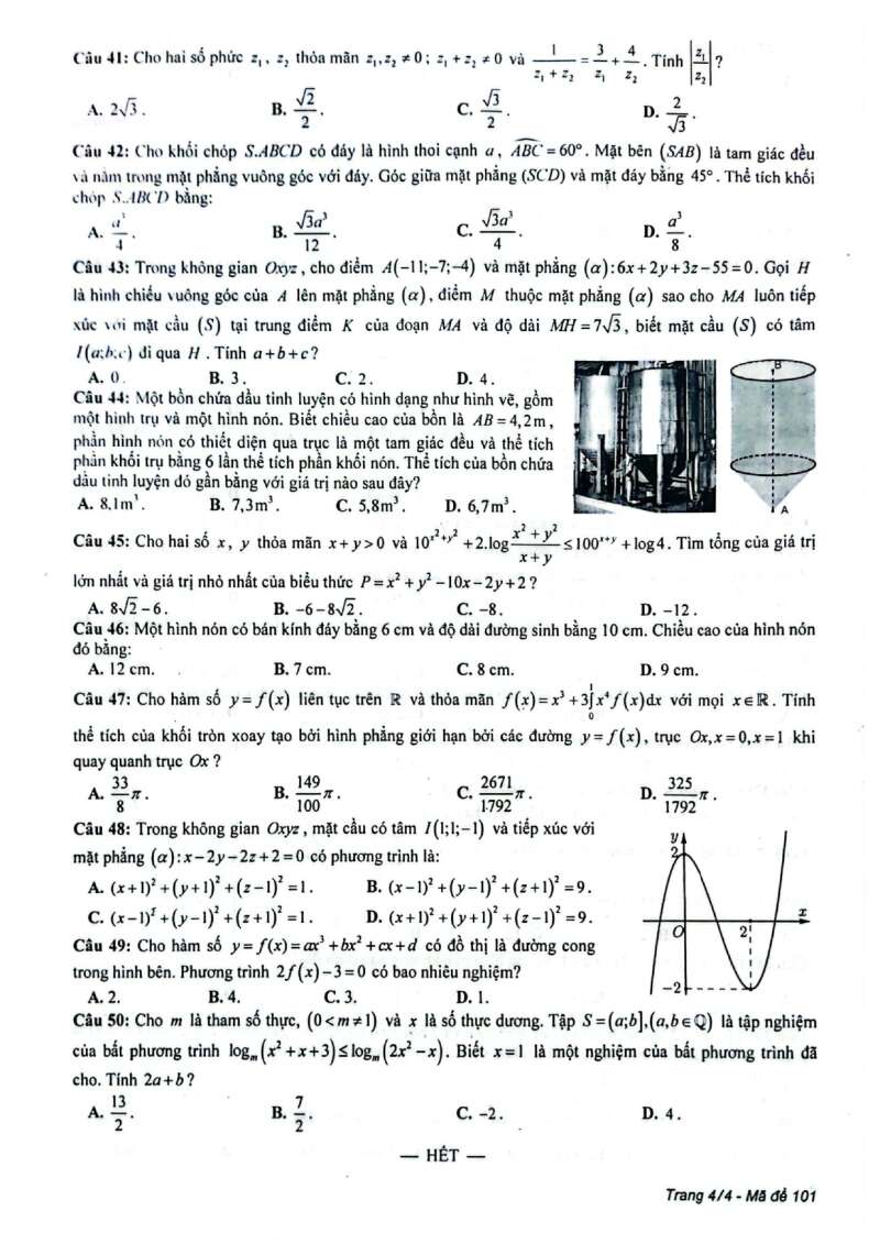 Đề thi thử Toán sở Thái Bình 2024 có đáp án (ảnh 4)