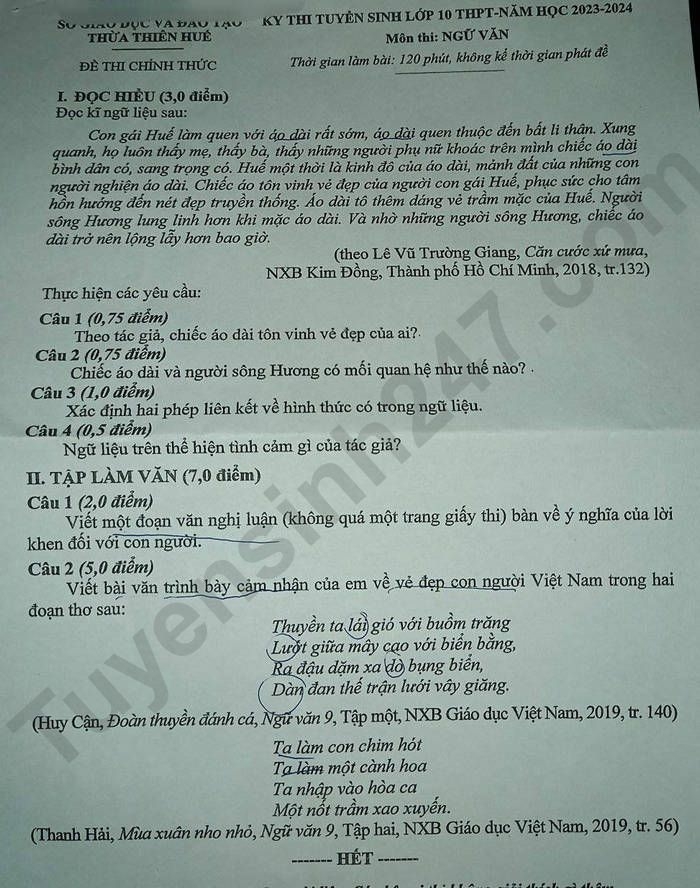 Đề thi và đáp án vào lớp 10 môn Văn năm 2023 tỉnh Thừa Thiên Huế (ảnh 1)