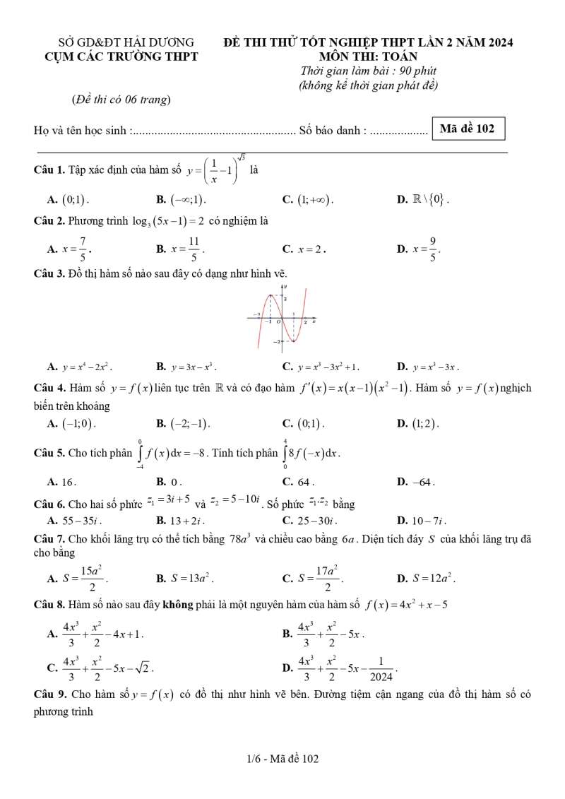 Đề thi thử Toán sở Hải Dương 2024 có đáp án (ảnh 5)
