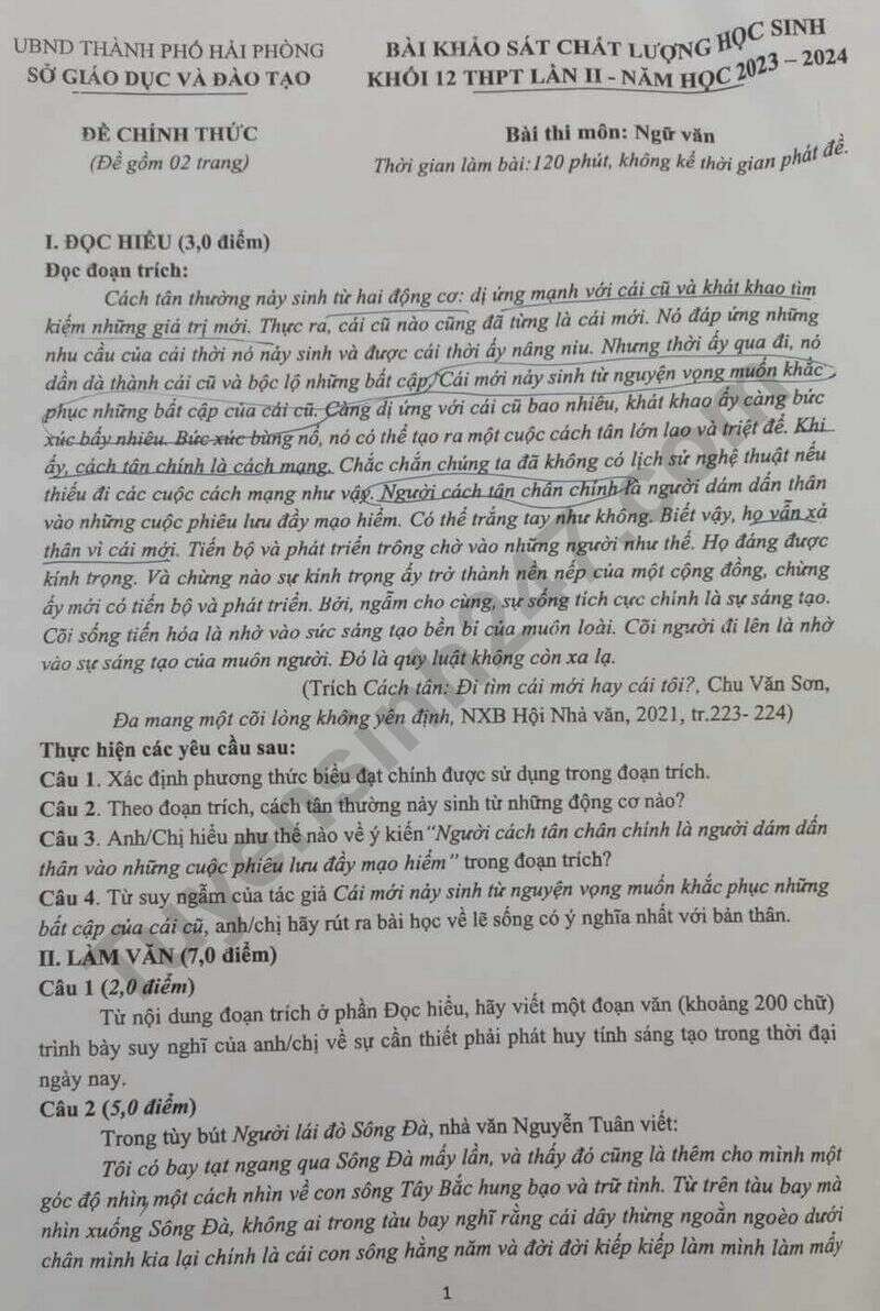 Đề thi thử Ngữ Văn sở Hải Phòng 2024 có đáp án (ảnh 1)