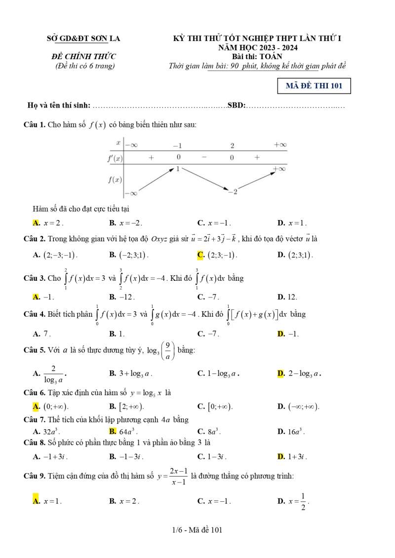 Đề thi thử Toán sở Sơn La 2024 có đáp án (ảnh 6)