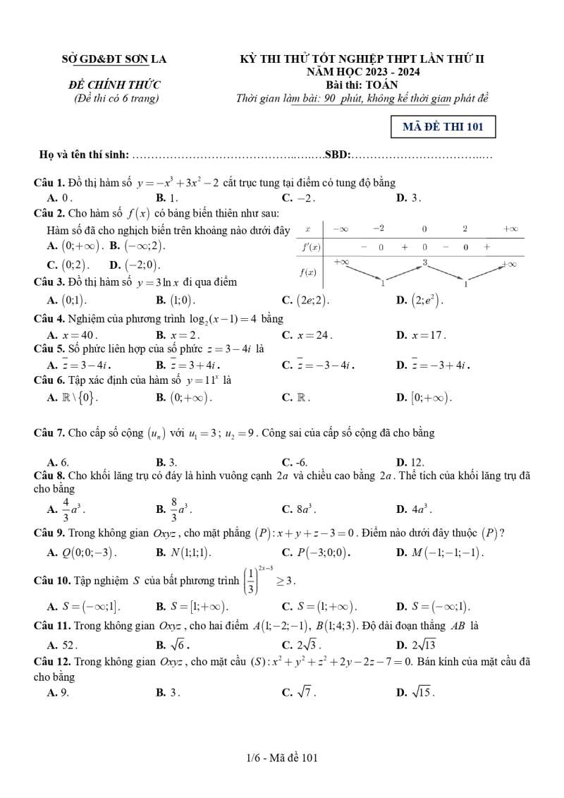Đề thi thử Toán sở Sơn La 2024 có đáp án (ảnh 10)
