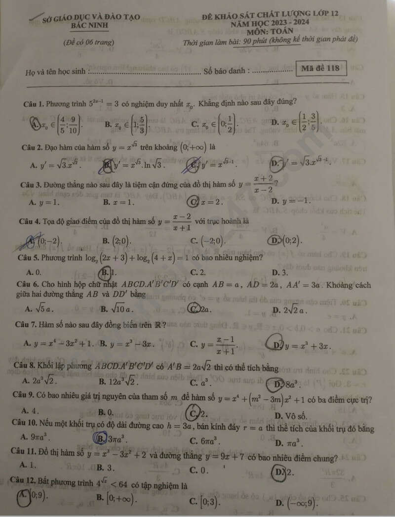 Đề thi thử Toán sở Bắc Ninh 2024 có đáp án (ảnh 1)
