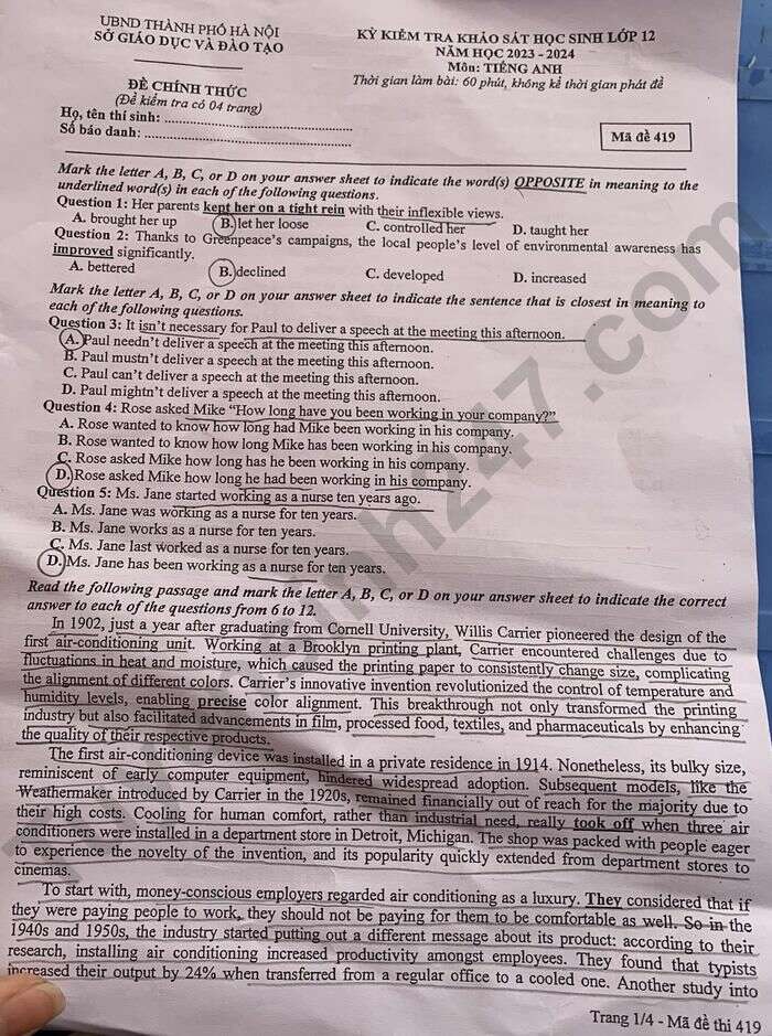 Đề thi thử Tiếng anh sở Hà Nội 2024 có đáp án (ảnh 1)