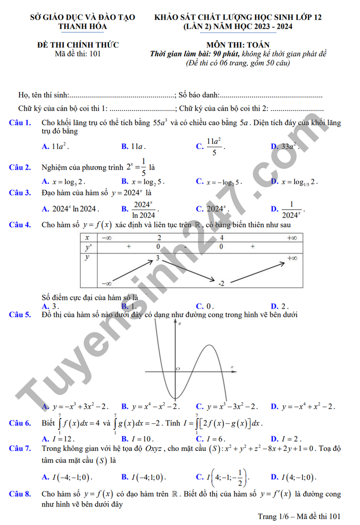 Đề thi thử Toán sở Thanh Hóa 2024 có đáp án (ảnh 1)