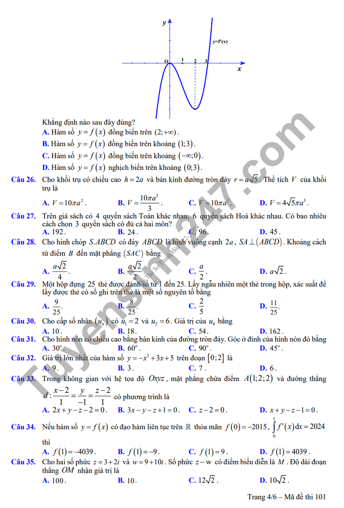Đề thi thử Toán sở Thanh Hóa 2024 có đáp án (ảnh 4)