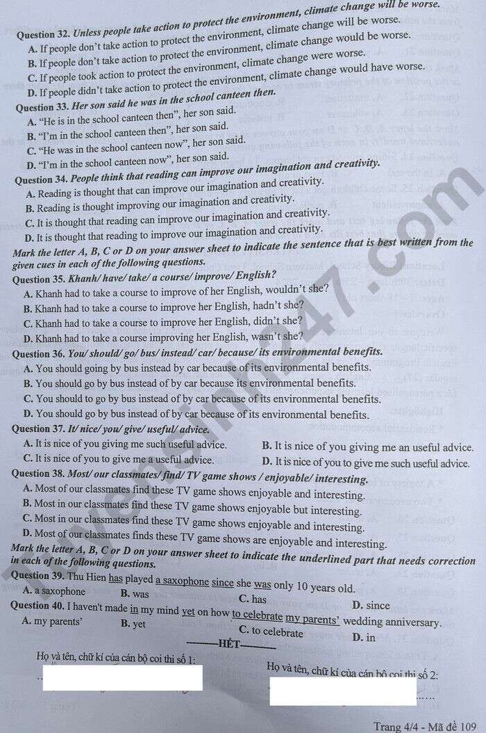 Đề thi vào lớp 10 môn Tiếng Anh 2024 TP Hà Nội có đáp án (ảnh 4)