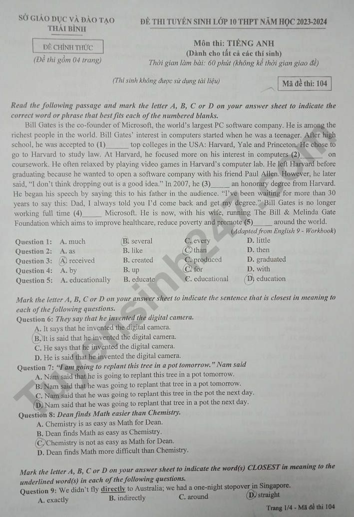 Đề thi vào lớp 10 môn Tiếng anh năm 2023 tỉnh Thái Bình có đáp án (ảnh 1)