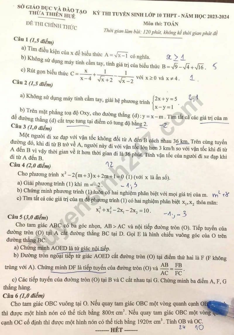 Đề thi và đáp án vào lớp 10 môn Toán năm 2023 tỉnh Thừa Thiên Huế (ảnh 1)