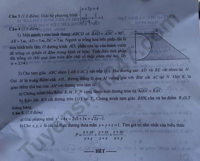 Đề thi và đáp án vào lớp 10 môn Toán năm 2023 tỉnh Nam Định (ảnh 2)