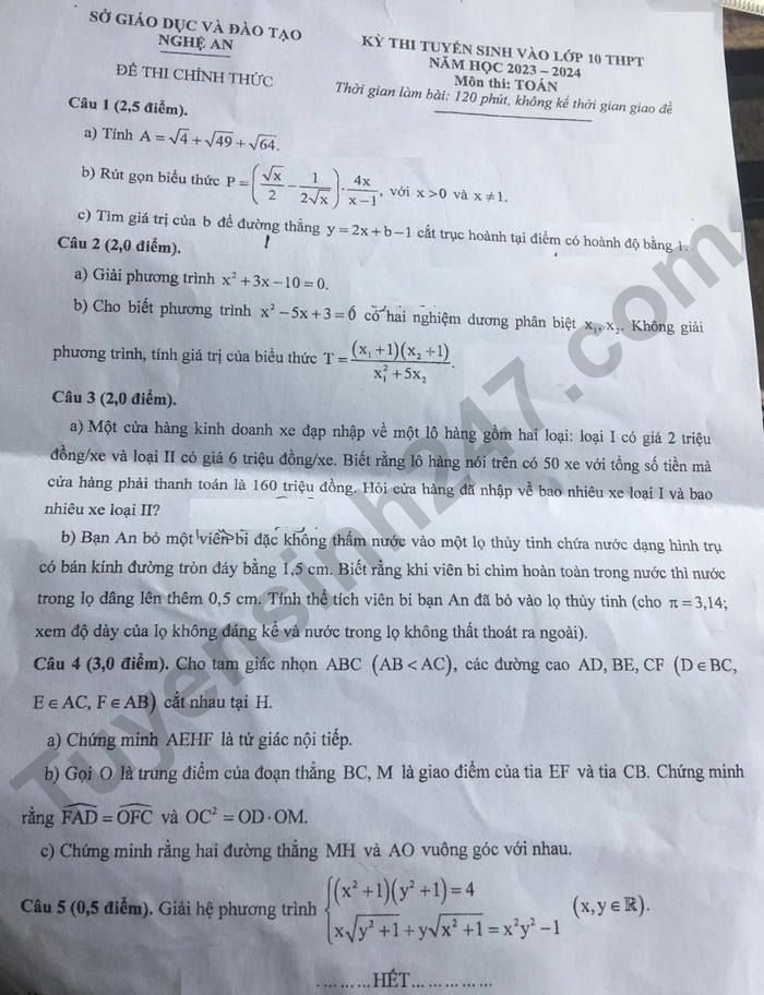 Đề thi và đáp án vào lớp 10 môn Toán năm 2023 tỉnh Nghệ An (ảnh 1)