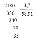 Tìm số dư của phép chia 218 : 3,7 nếu chỉ lấy đến hai chữ số ở phần thập phân (ảnh 1)