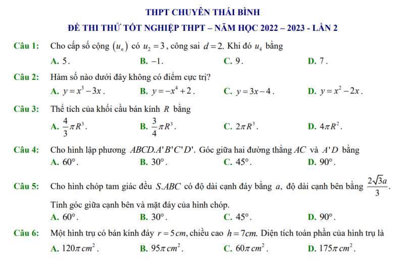 Đề thi thử THPT Quốc gia 2023 môn Toán trường THPT chuyên Thái Bình (ảnh 5)