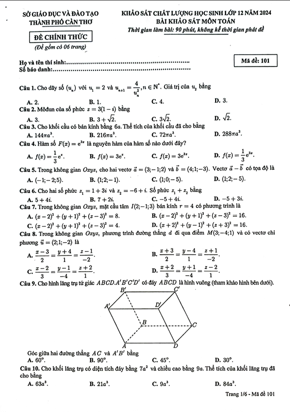 Đề thi thử Toán sở Cần Thơ 2024 có đáp án (ảnh 1)