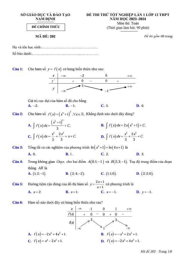 Đề thi thử Toán sở Nam Định 2024 có đáp án (ảnh 1)