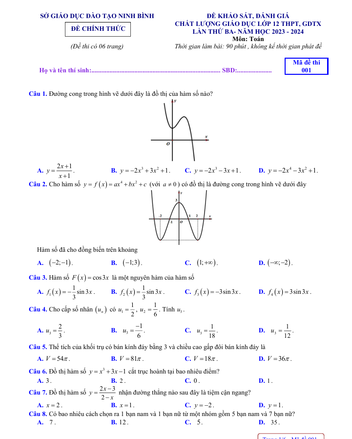 Đề thi thử Toán sở Ninh Bình 2024 có đáp án (ảnh 1)