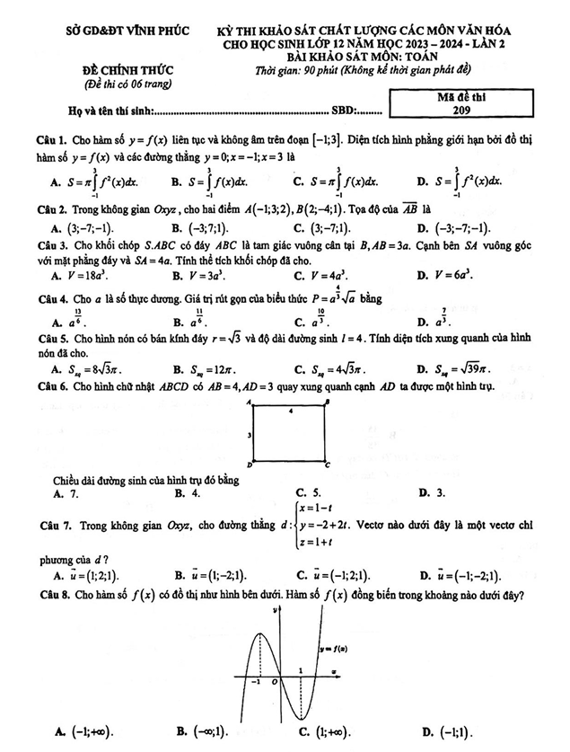 Đề thi thử Toán sở Vĩnh Phúc 2024 có đáp án (ảnh 1)