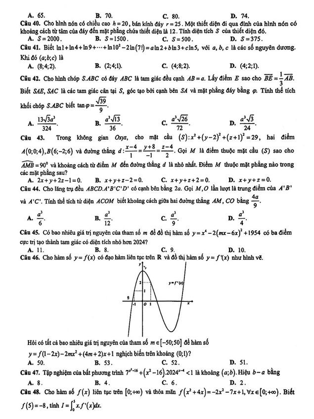 Đề thi thử Toán sở Vĩnh Phúc 2024 có đáp án (ảnh 5)