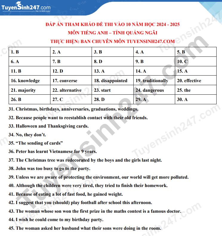 Đề thi vào lớp 10 môn Tiếng Anh 2024 tỉnh Quảng Ngãi có đáp án (ảnh 1)