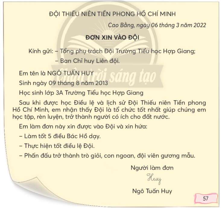 Đơn xin vào đội trang 57, 58 Tiếng Việt lớp 3 Tập 1 | Chân trời sáng tạo (ảnh 3)
