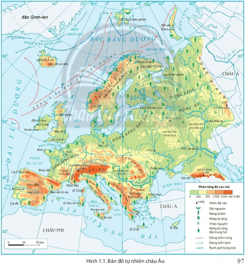 Dựa vào hình 1.1 và thông tin trong bài, em hãy: Trình bày đặc điểm kích thước và hình dạng của châu Âu (ảnh 1)