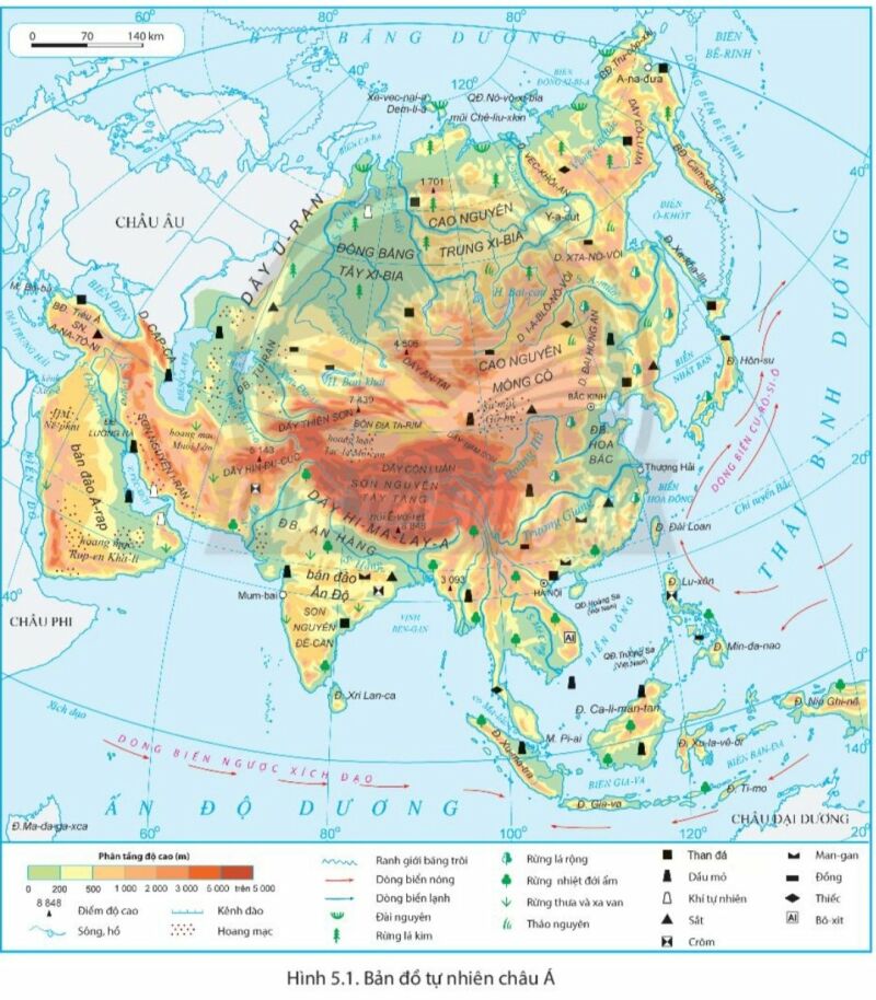 Dựa vào hình 5.1 và  thông tin trong bài, em hãy: Trình bày đặc điểm vị trí địa lí châu Á (ảnh 1)