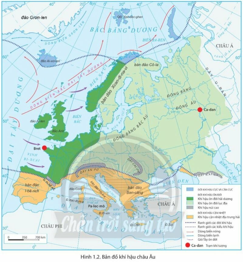 Dựa vào hình 1.1, hình 1.2 và thông tin trong bài, em hãy: Xác định các đới thiên nhiên ở châu Âu (ảnh 2)