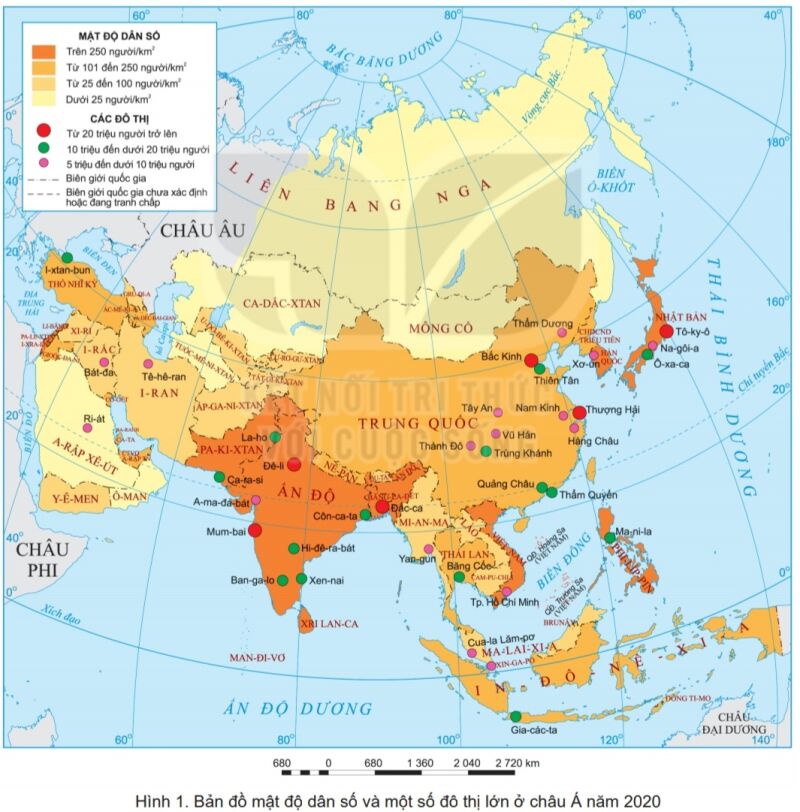 Dựa vào hình 1 và bảng 2, hãy: Xác định vị trí các đô thị từ 20 triệu người trở lên ở châu Á (ảnh 1)