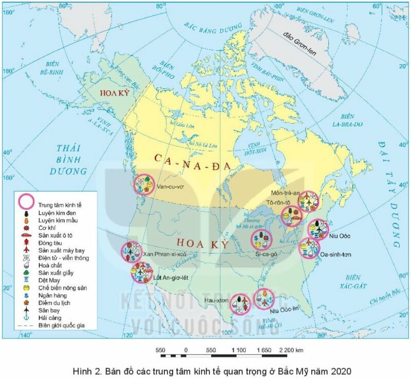 Quan sát hình 2, hãy: Xác định trên bản đồ các trung tâm kinh tế quan trọng ở Bắc Mỹ (ảnh 1)