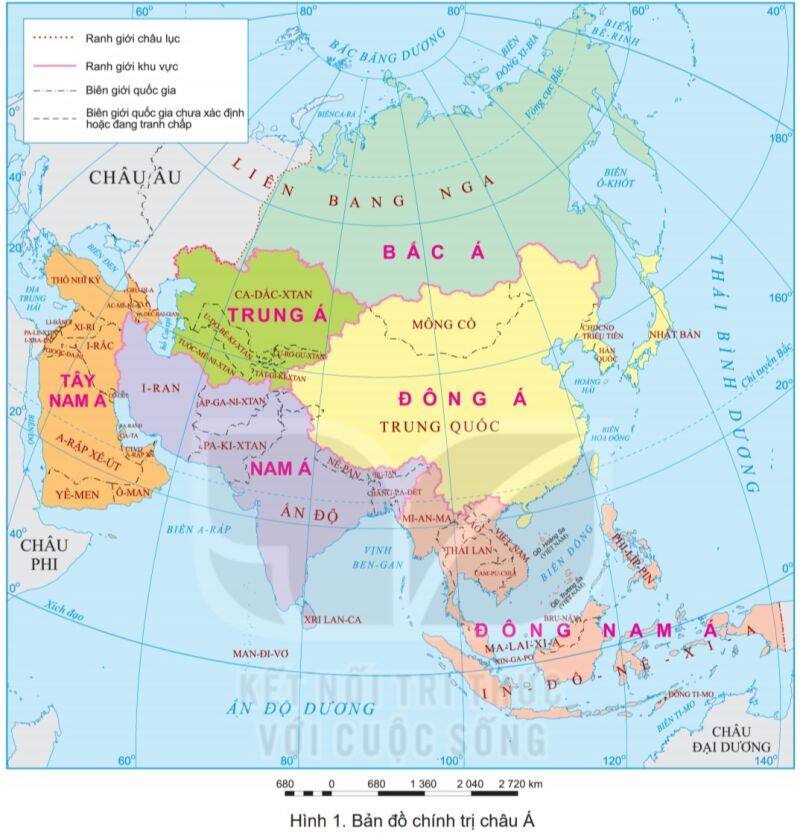 Xác định các khu vực của châu Á trên bản đồ hình 1
