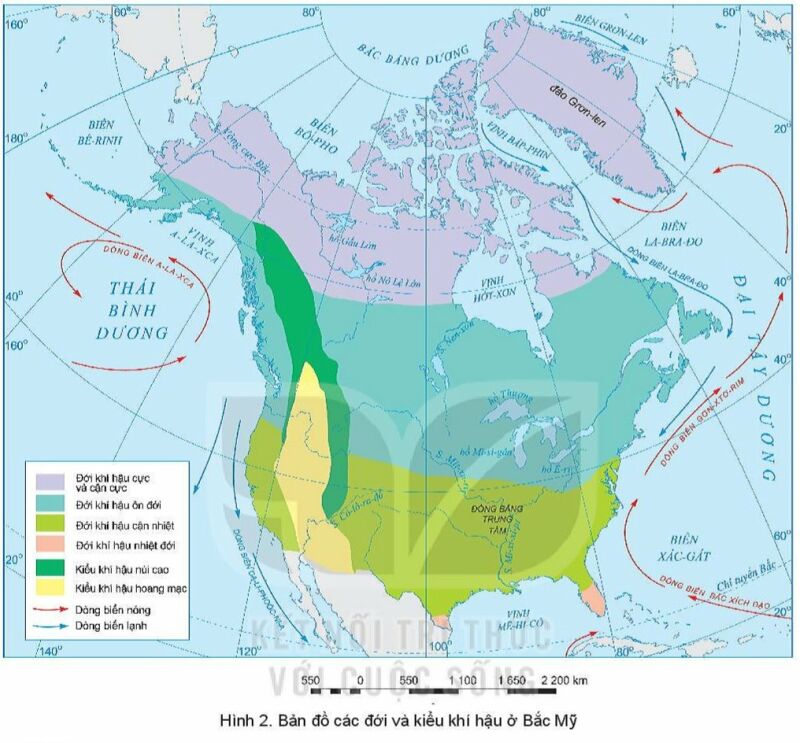 Dựa vào thông tin và hình trong mục 2, hãy trình bày sự phân hóa khí hậu của Bắc Mỹ (ảnh 1)