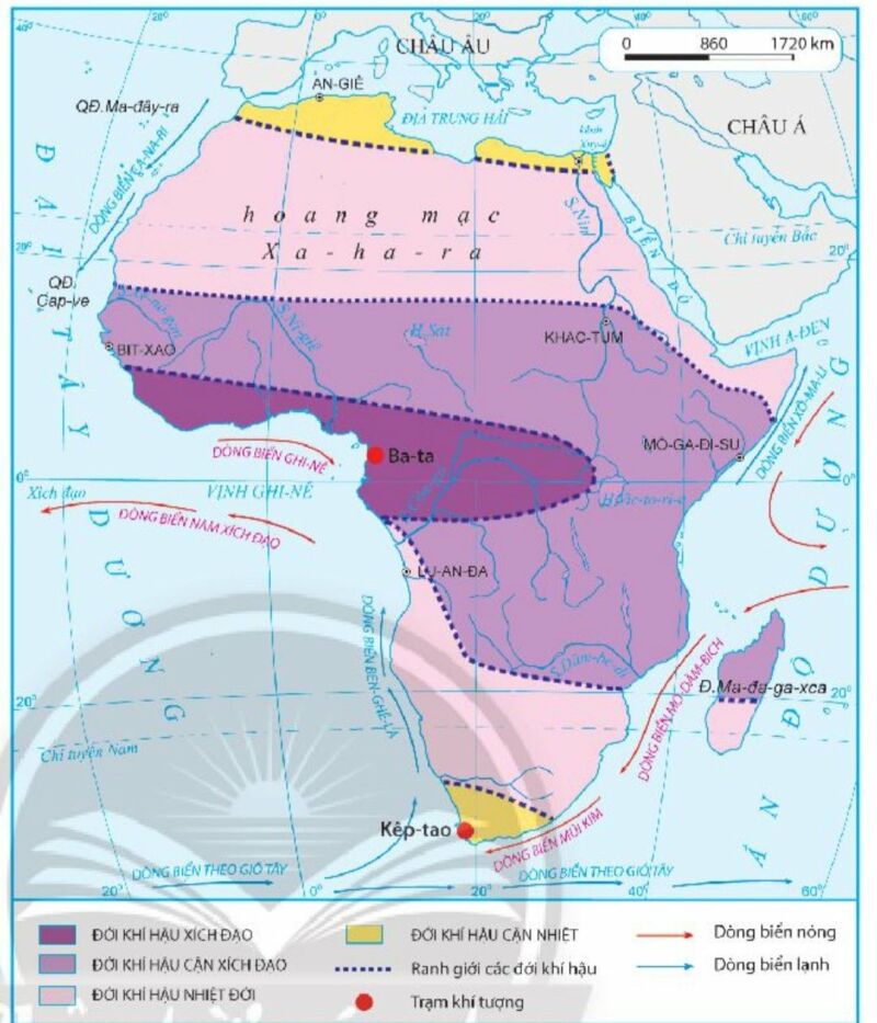 Dựa vào hình 9.2 và thông tin trong bài, em hãy: Nêu tên các đới khí hậu ở châu Phi (ảnh 1)