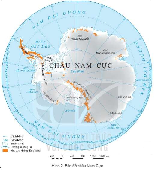 Dựa vào thông tin trong mục 2 và bản đồ hình 2, hãy: Xác định trên bản đồ vị trí của châu Nam Cực (ảnh 1)