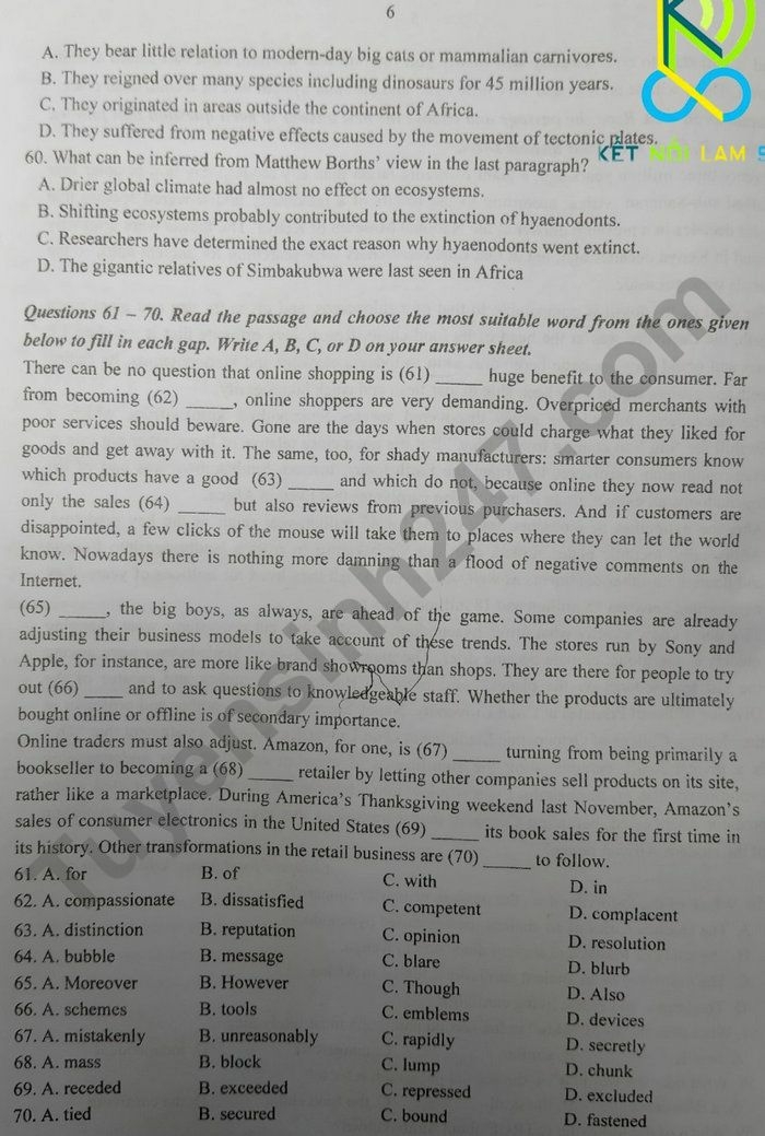 Đề thi và đáp án vào lớp 10 môn Tiếng anh chuyên trường THPT Chuyên Lam Sơn 2022 (ảnh 6)