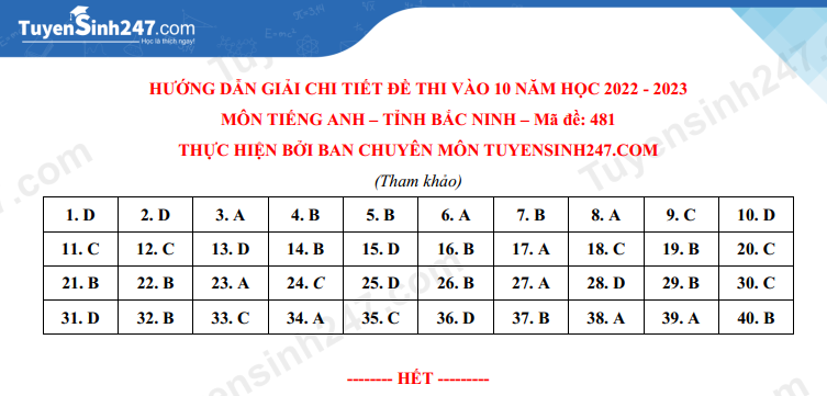 Đề thi và đáp án vào lớp 10 môn Tiếng anh tỉnh Bắc Ninh năm 2022 (ảnh 5)