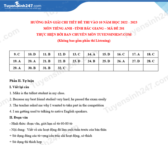 Đề thi và đáp án vào lớp 10 môn Tiếng anh tỉnh Bắc Giang năm 2022 (ảnh 4)