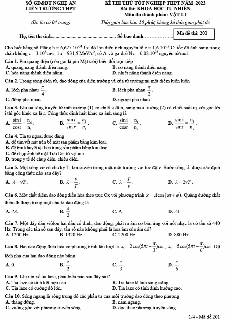 Đề thi thử THPT Quốc gia 2023 môn Vật lí liên trường THPT tỉnh Nghệ An  (ảnh 1)