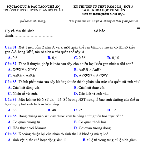 Đề thi thử THPT Quốc gia 2023 môn Sinh học trường THPT chuyên Phan Bội Châu (Nghệ An) (ảnh 1)