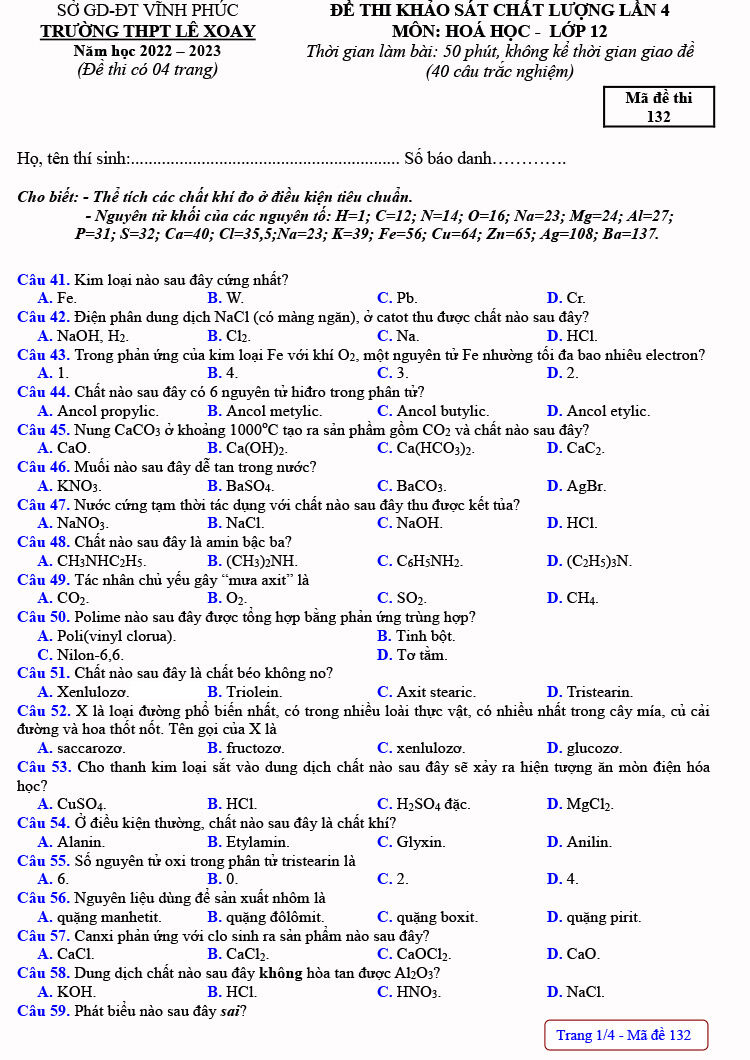 Đề thi thử THPT Quốc gia 2023 môn Hóa trường THPT Lê Xoay (Vĩnh Phúc) (ảnh 1)