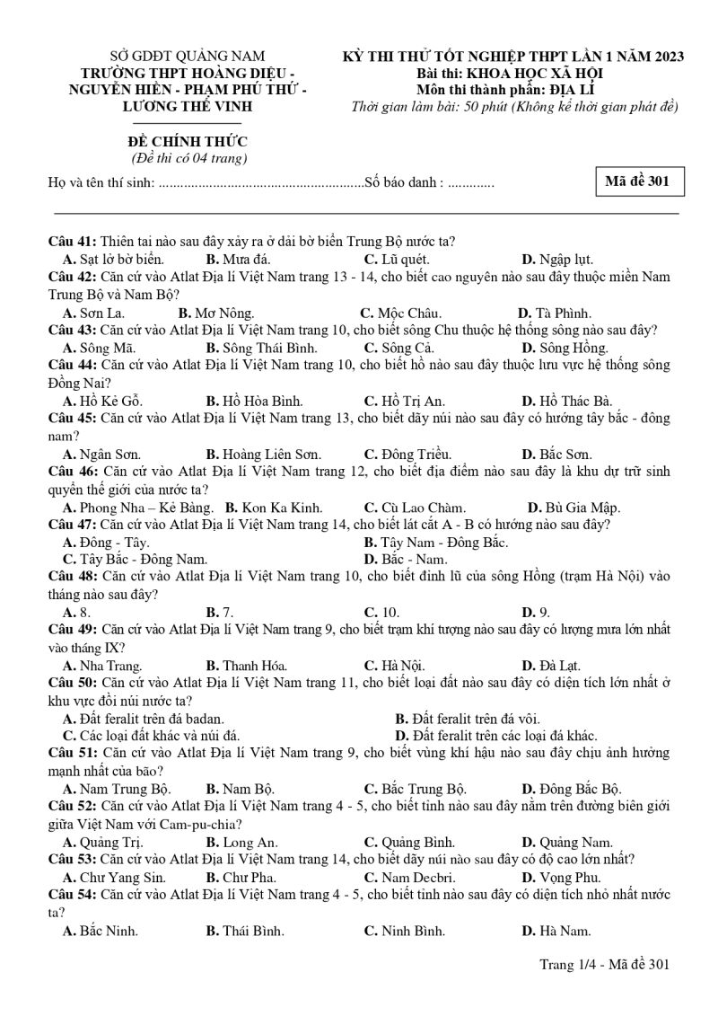 Đề thi thử THPT Quốc gia 2023 môn Địa lí trường THPT Cụm liên trường Quảng Nam (ảnh 4)