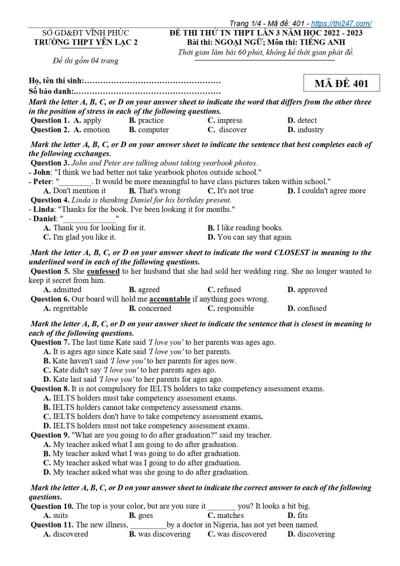 Đề thi thử THPT Quốc gia 2023 môn Tiếng anh trường THPT Yên Lạc 2 (Vĩnh Phúc) (ảnh 1)