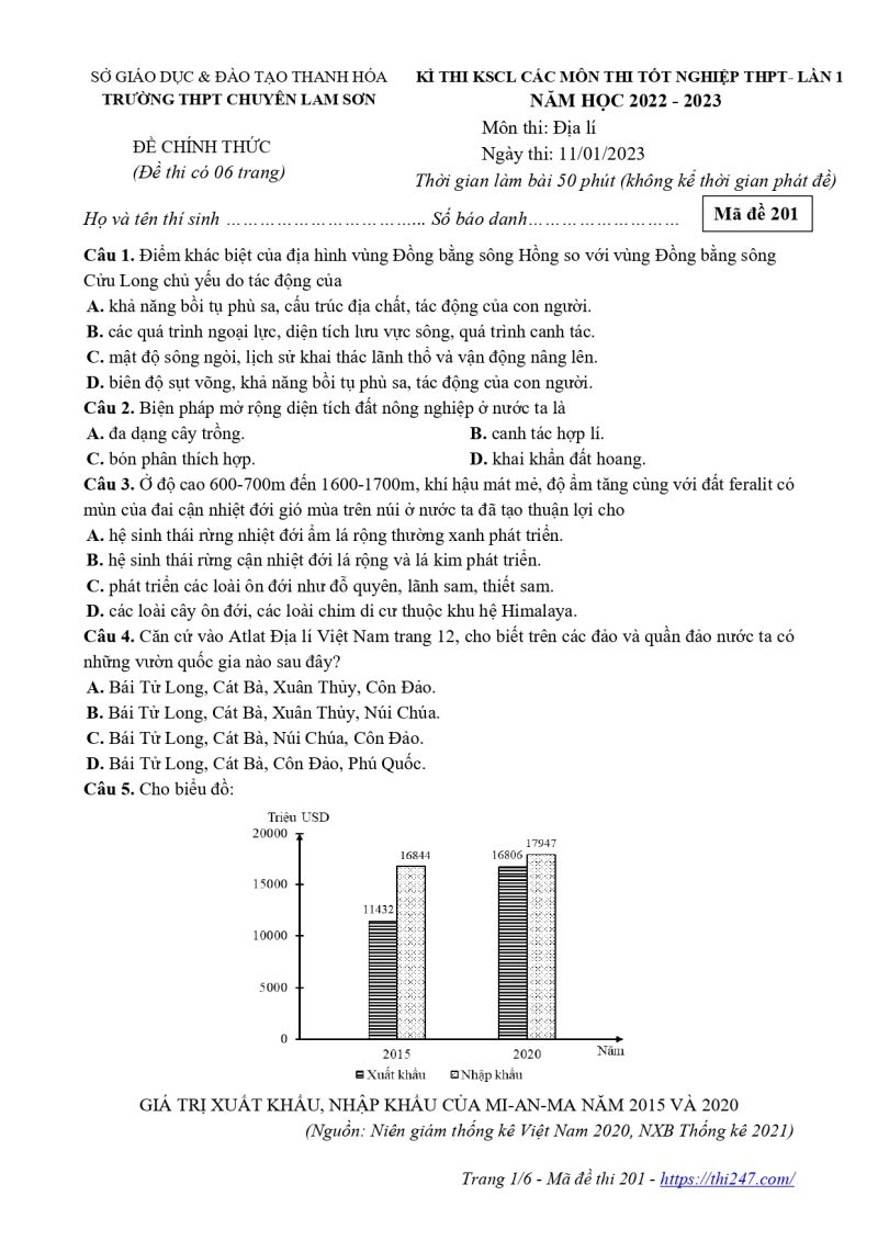 Đề thi thử THPT Quốc gia 2023 môn Địa lí trường THPT chuyên Lam Sơn (Thanh Hóa) (ảnh 4)