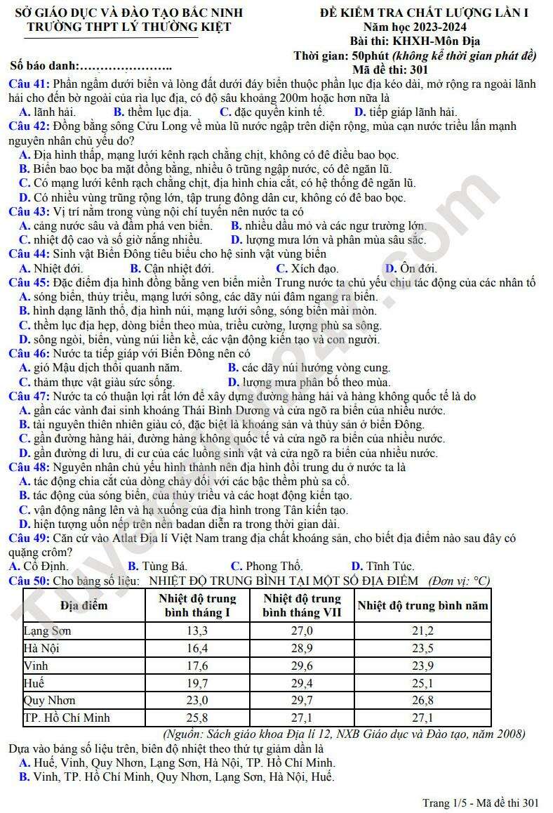 Đề thi thử Địa lí trường Lý Thường Kiệt (Bắc Ninh) 2024 có đáp án (ảnh 1)