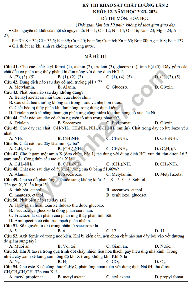 Đề thi thử Hóa trường Đội Cấn (Vĩnh phúc) 2024 có đáp án (ảnh 2)