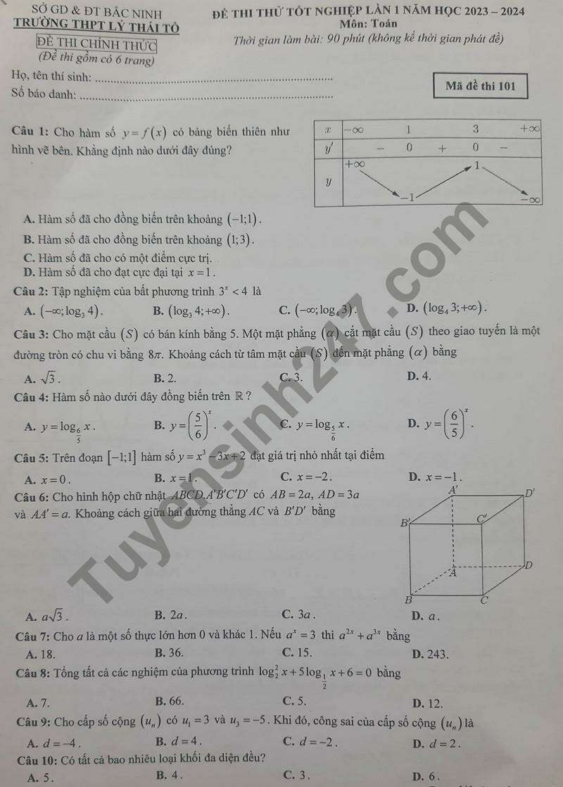 Đề thi thử Toán trường Lý Thái Tổ (Bắc Ninh) 2024 có đáp án (ảnh 1)
