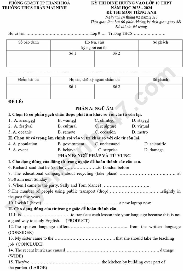 Đề thi thử vào lớp 10 năm 2023 môn Tiếng anh trường THCS Trần Mai Ninh (Thanh Hóa) (ảnh 1)