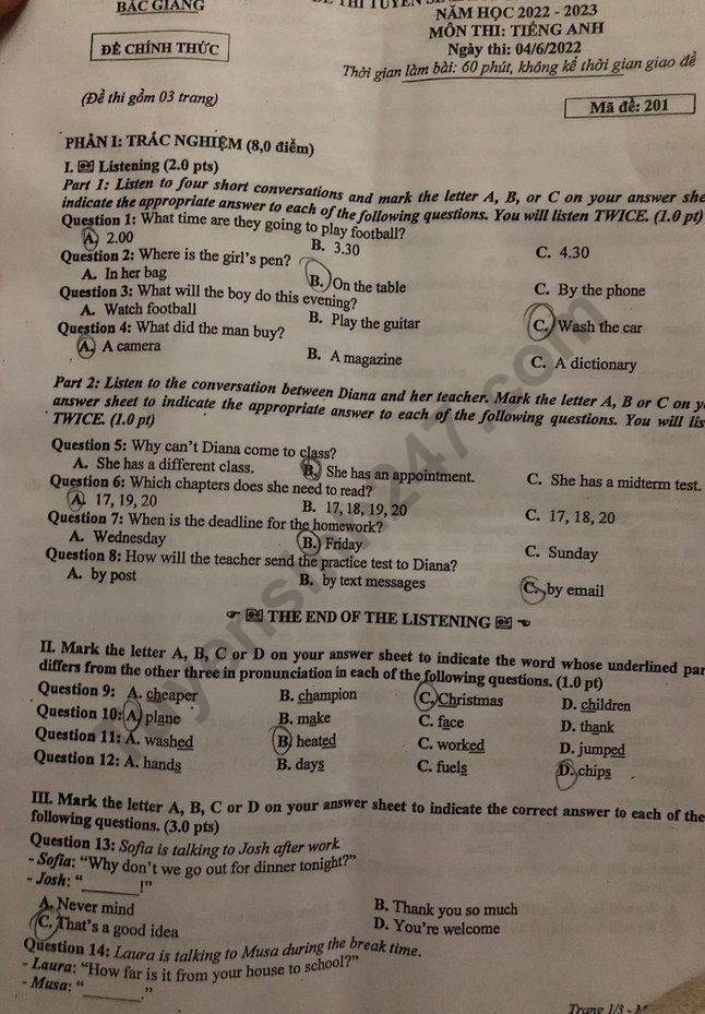 Đề thi và đáp án vào lớp 10 môn Tiếng anh tỉnh Bắc Giang năm 2022 (ảnh 1)