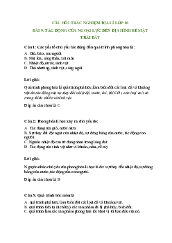 Trắc nghiệm Địa lí 10 Bài 9 có đáp án: Tác động của ngoại lực đến địa hình bề mặt Trái Đất