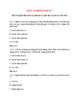 Trắc nghiệm GDCD 7 Bài 13 có đáp án: Quyền được bảo vệ, chăm sóc và giáo dục của trẻ em Việt Nam