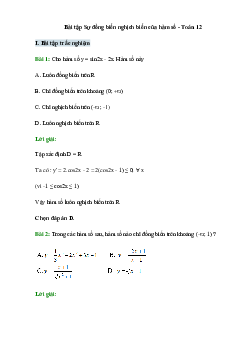 50 Bài tập Sự đồng biến nghịch biến của hàm số (có đáp án)- Toán 12